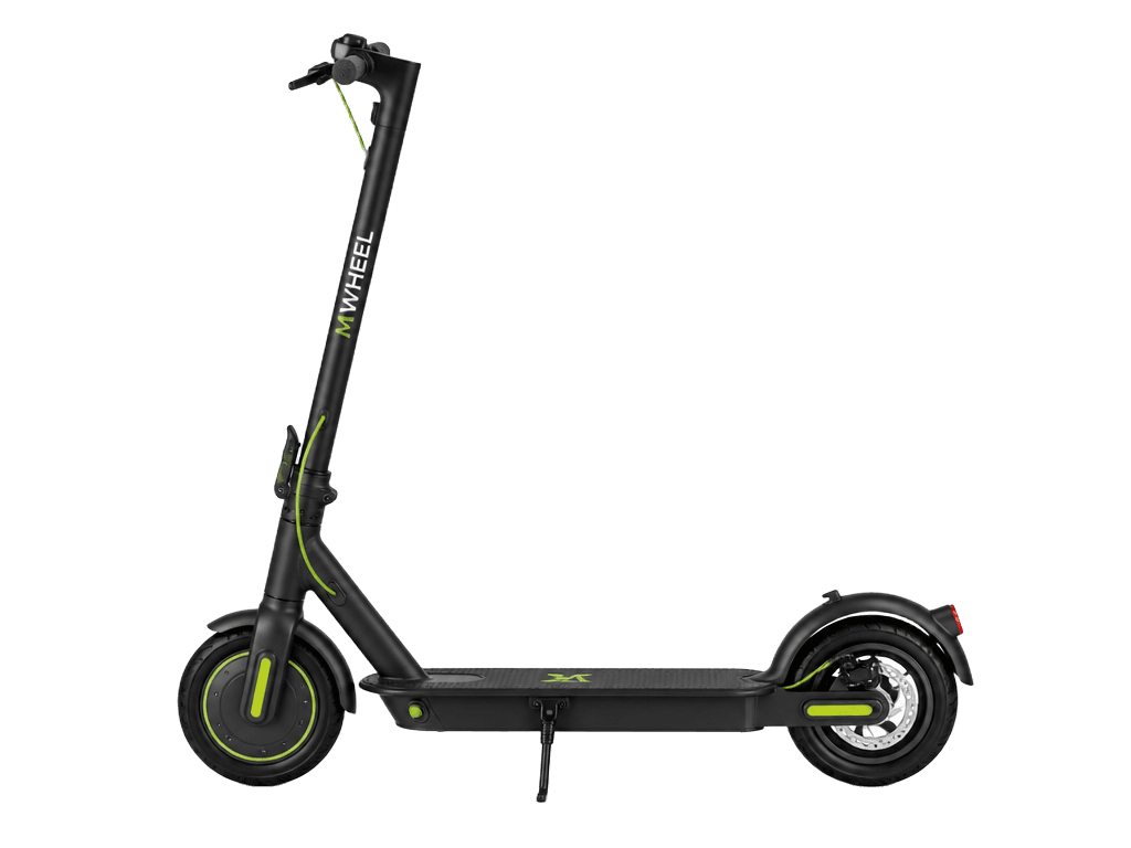 Patinete elétrico urbano preto com detalhes em verde